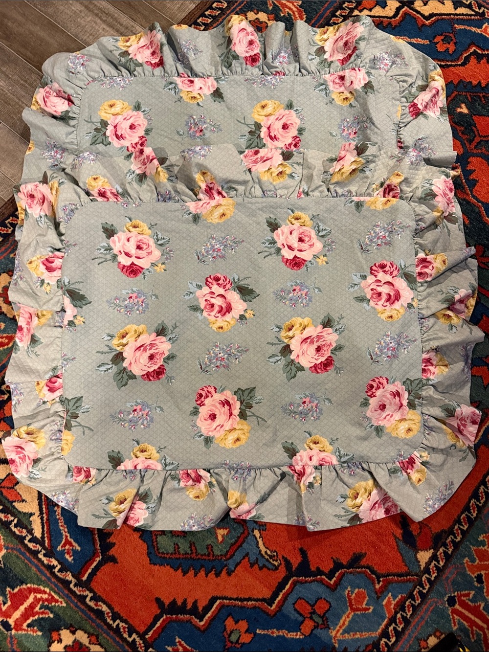 Pair of Vintage Ralph Lauren Cottage Lane Floral Quilted Ruffle Pillow Sham